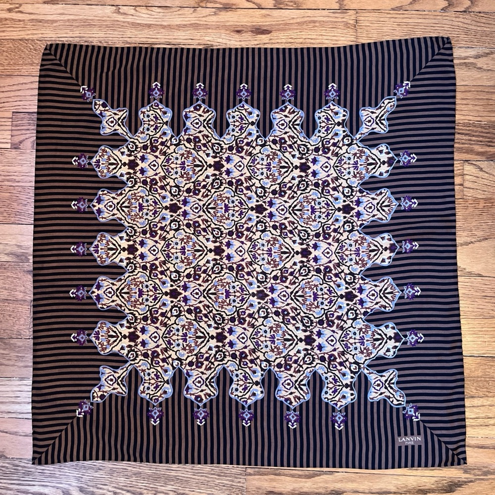 Lanvin Paris VTG Scarf Brown Striped Border Floral LightWeight 24.5” X 24.5